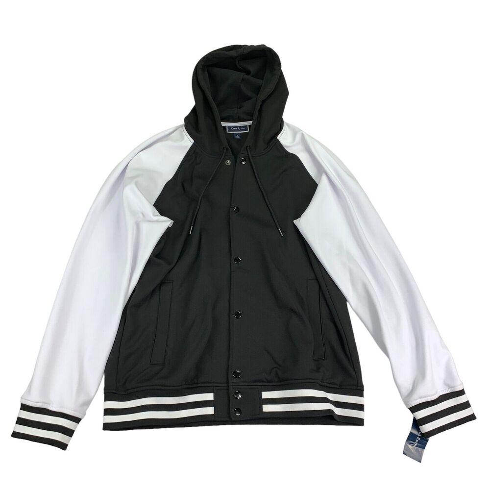 Club Room Mens Knit Hooded Snap Front Fleece Varsity Jacket Black White L